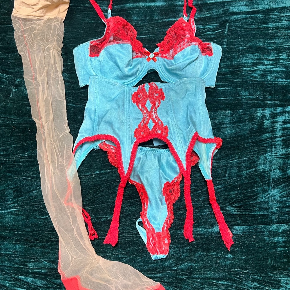 Agent Provocateur silk Blue and Red Lace Lingerie Set
